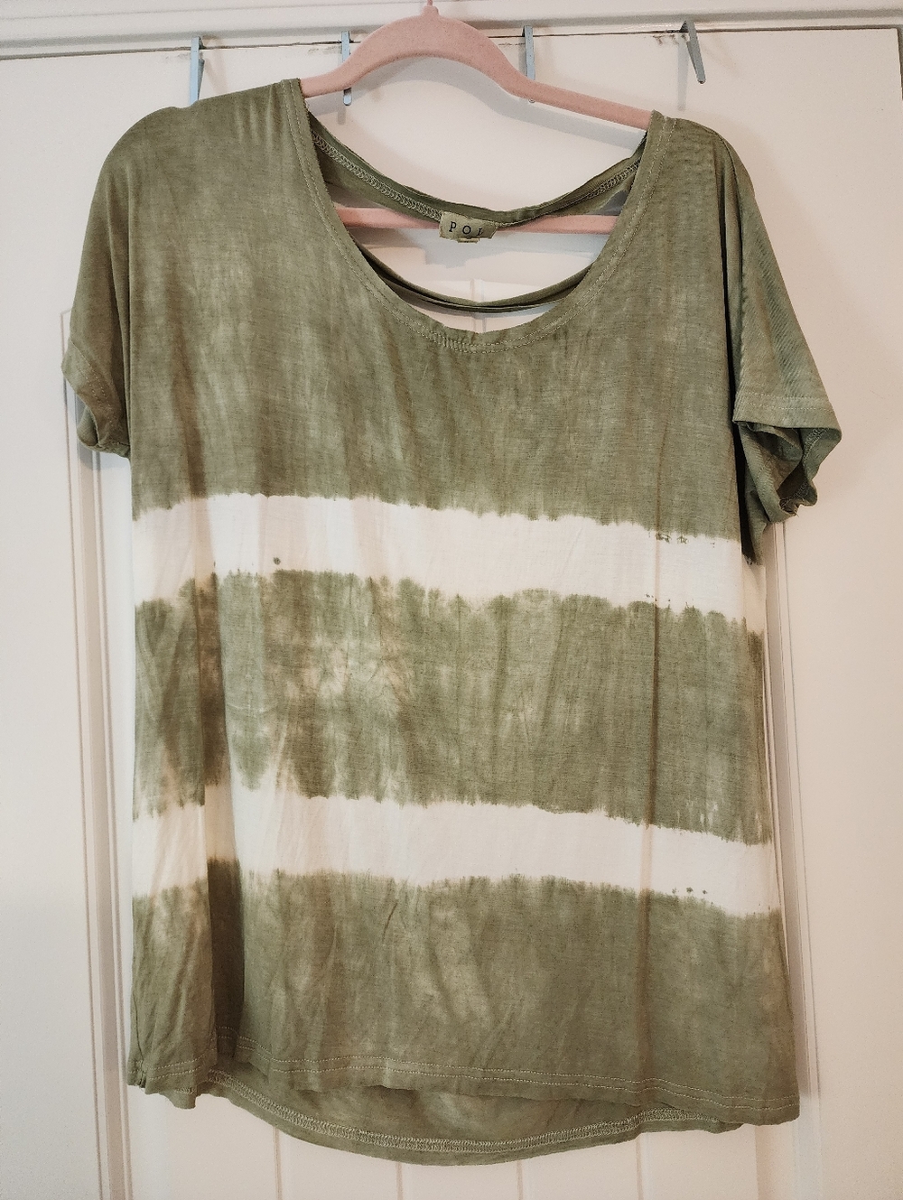 POL Olive & Cream Tie-Dye Cap Sleeve Women's Top Oversized Small Shredded Back